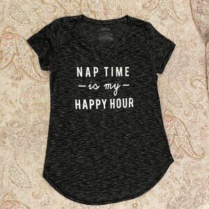 Apt. 9 “NAP TIME IS MY HAPPY HOUR” Short Sleeve V-Neck Shirt Black Womens SMALL